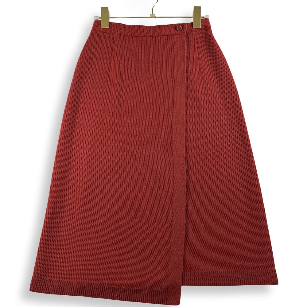 Vintage Japanese Knit Wrap Skirt Womens XS Rust Red Asymmetric High Rise Midi